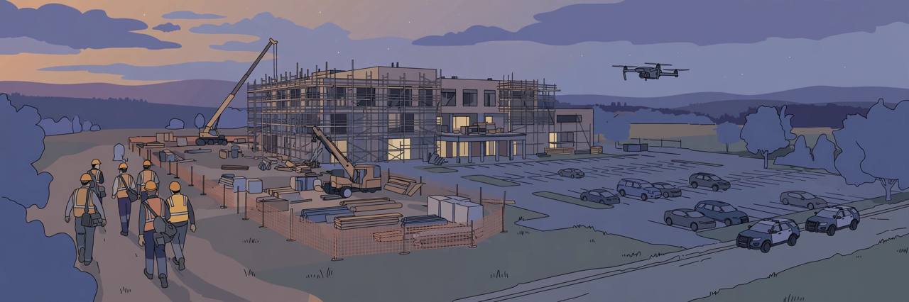 Editorial illustration of generic construction workers leaving a hospital construction site at dusk in Pennsylvania while a surveillance drone hovers over the parking lot, flat style, no text, no real person depicted