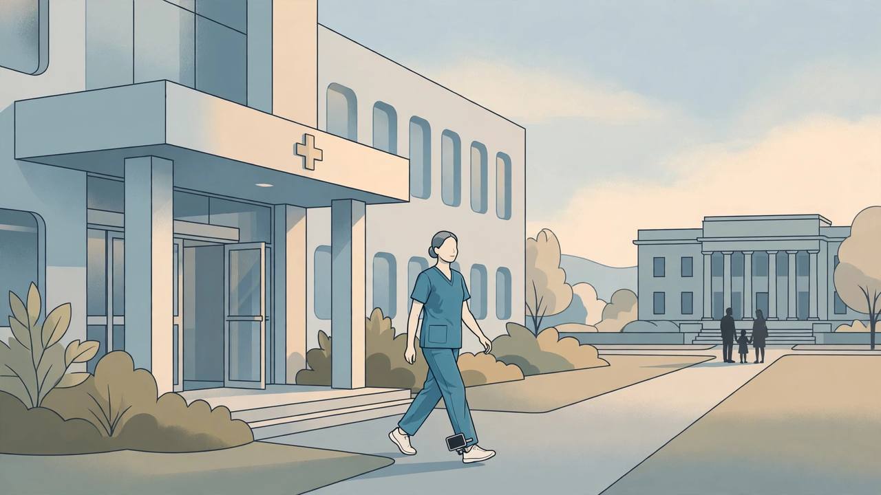 Editorial illustration of a generic nurse in scrubs with an ankle monitor walking from a hospital toward a government office building, with a family waiting nearby