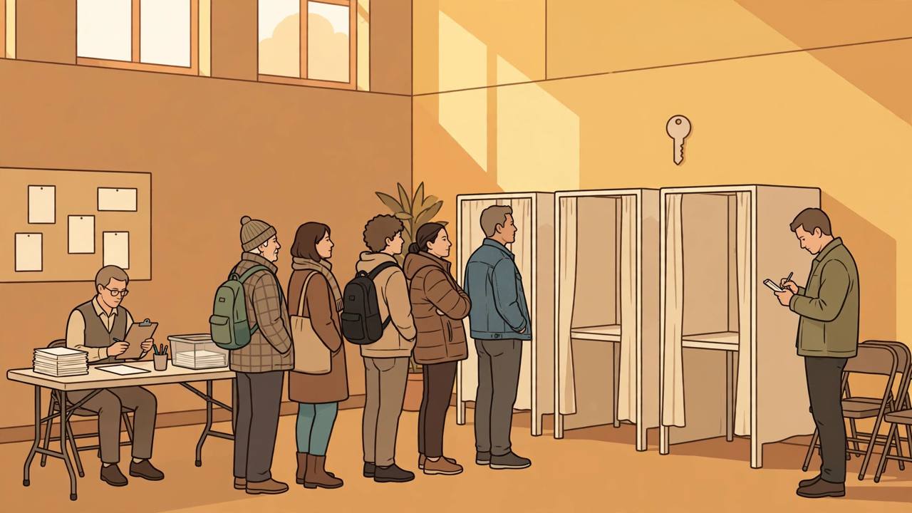 Editorial illustration of voters queuing at polling booths in a Pennsylvania polling place while a plainclothes election observer takes notes