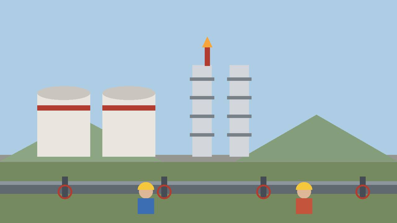 Editorial illustration of a generic Appalachian natural-gas plant with storage tanks, processing towers and a pipeline, with faceless workers in hard hats, flat style, no real person, no text