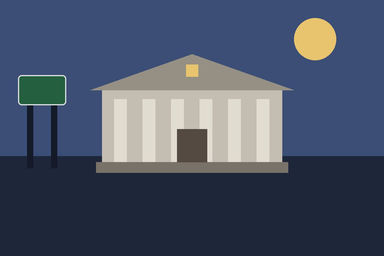 Editorial illustration of a generic Pennsylvania courthouse at dusk with a blank highway sign, flat style, no real person depicted and no crash depicted