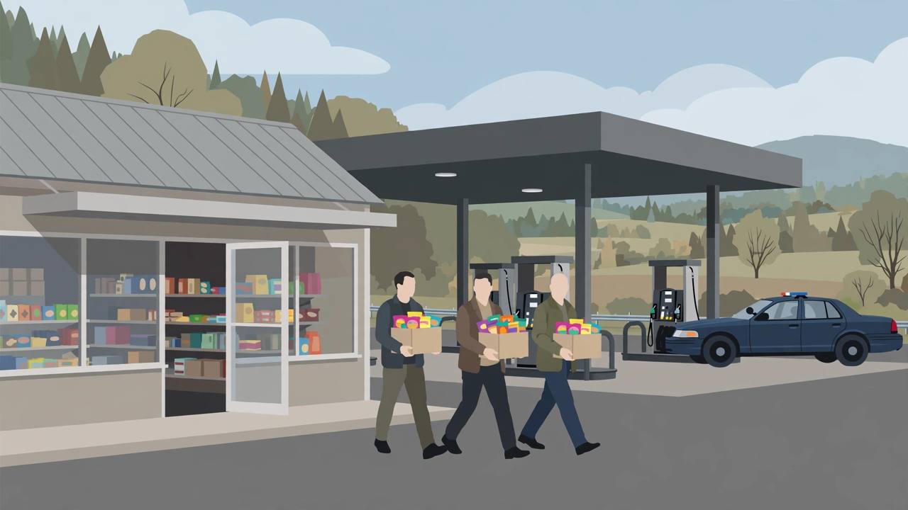 Editorial illustration of a rural Pennsylvania gas station convenience store, with investigators carrying sealed boxes of packaged products out to a state police car by the pumps