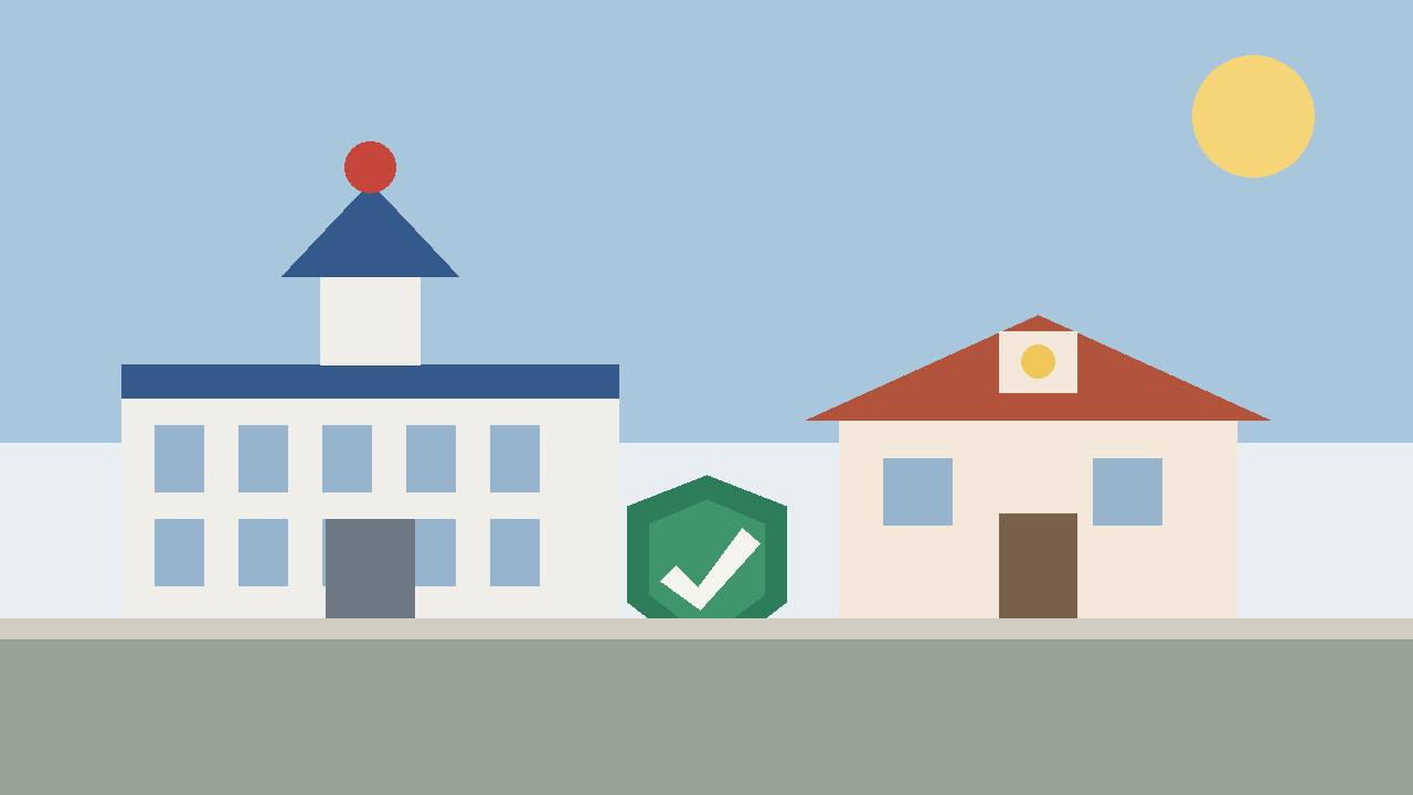 Editorial illustration of a generic capitol building and a schoolhouse with a protective shield — no people, no children and no incident depicted