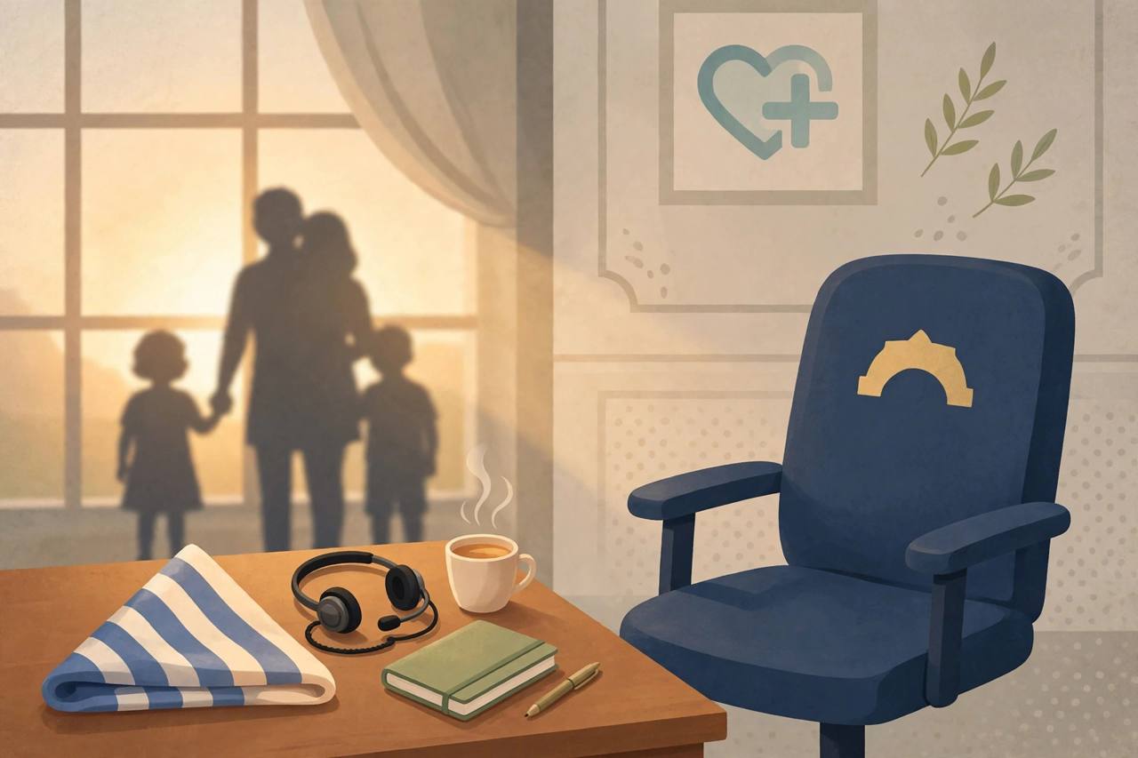 Editorial illustration of an empty police officer's chair with a folded flag and a 911 headset on a desk, flat style, generic figures only, no text — no actual person is depicted