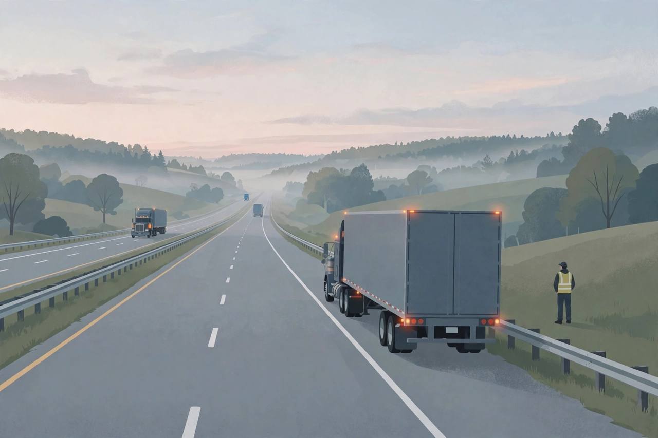 Editorial illustration of a tractor-trailer stopped on the shoulder of Interstate 80 at dawn in Pennsylvania, with a motorist in a reflective vest standing behind the guardrail