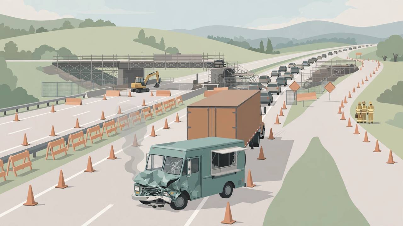 Editorial illustration of a damaged coffee food truck and a semi-trailer in a highway construction zone, flat style, no real person depicted
