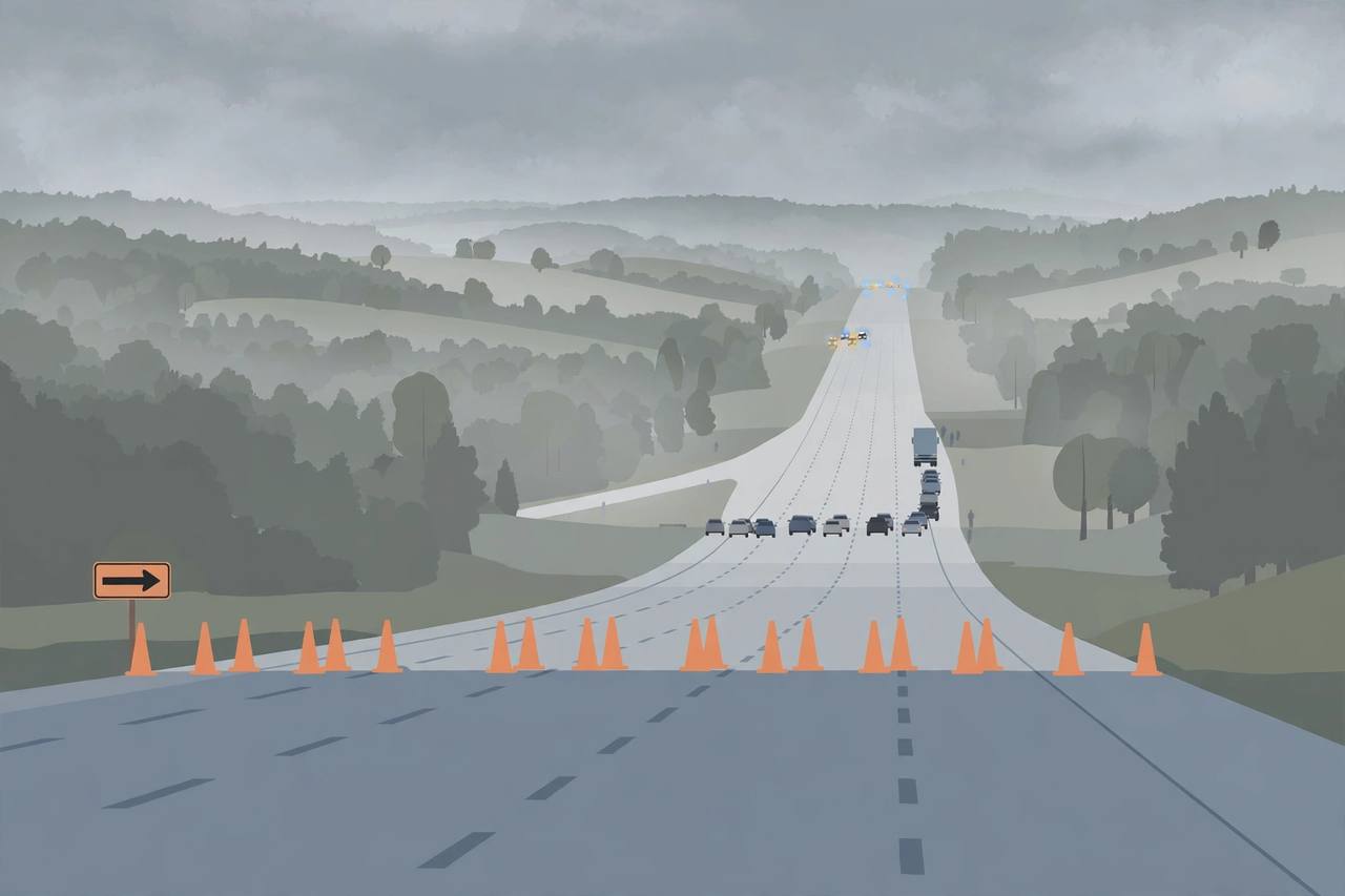 Editorial illustration of a closed Pennsylvania interstate at dawn with traffic cones and a detour, emergency vehicles in the far distance