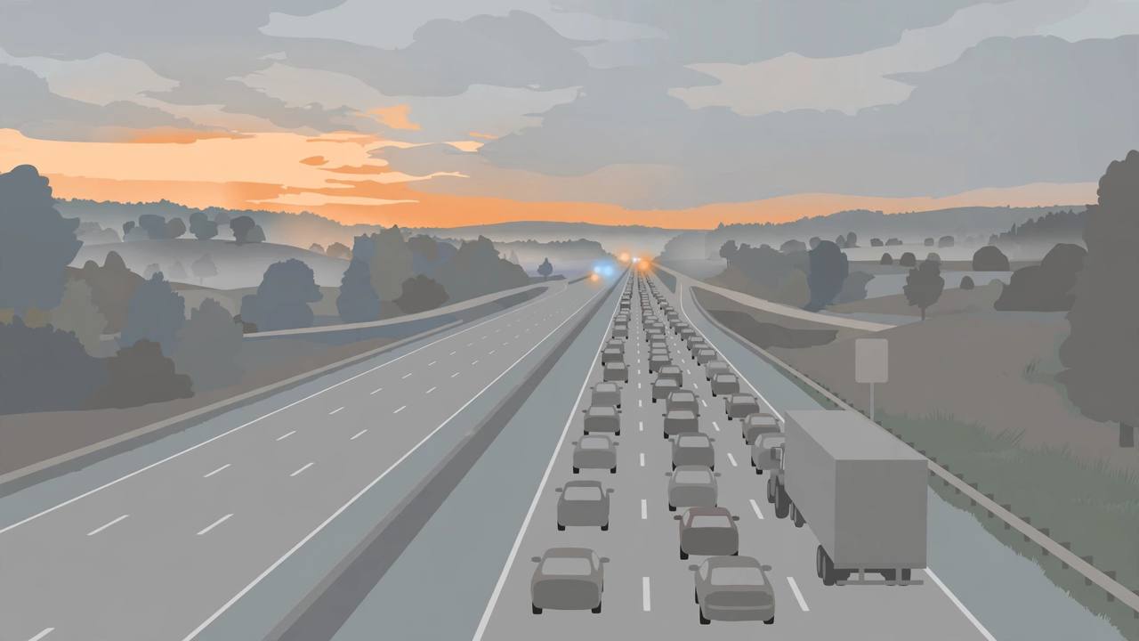 Editorial illustration of a sombre interstate highway at dawn with stopped traffic and a tractor-trailer, flat style, no crash depicted, no real person