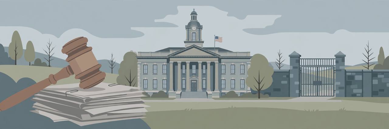 Editorial illustration of a generic county courthouse in Pennsylvania with a gavel and court documents