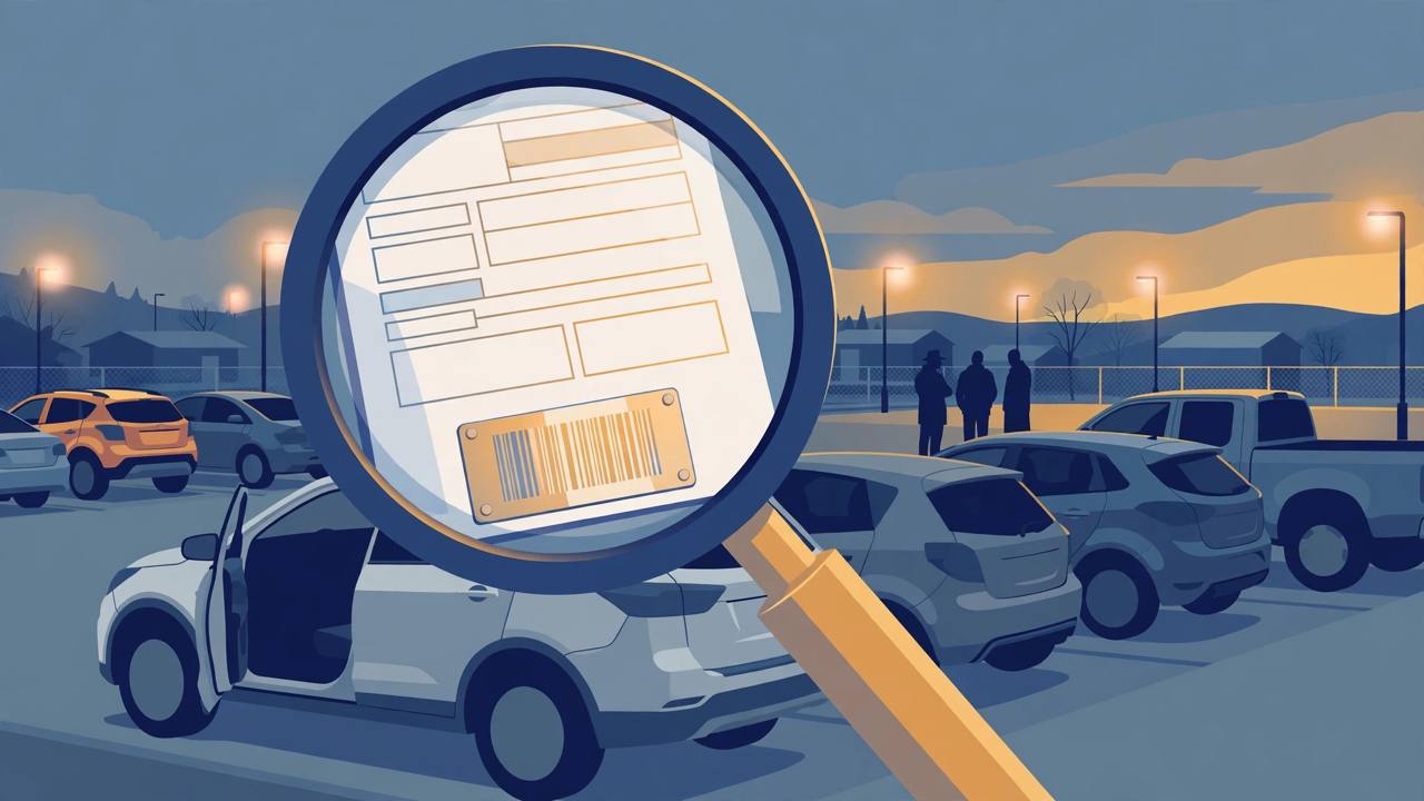Editorial illustration of a car lot at dusk with a magnifying glass over a vehicle title document and VIN plate (Editorial illustration)