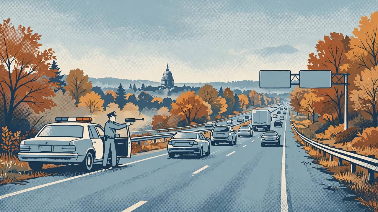 Editorial illustration of a generic marked Pennsylvania local police car using a radar speed gun on a highway with a capitol dome in the background, flat style, no real person depicted