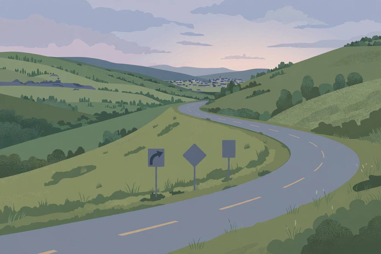 Editorial illustration of an empty winding two-lane rural road curving through green Pennsylvania coal-country hills at dusk, with a grass embankment and plain road signs beside the curve — the crash itself is not depicted and no people are shown
