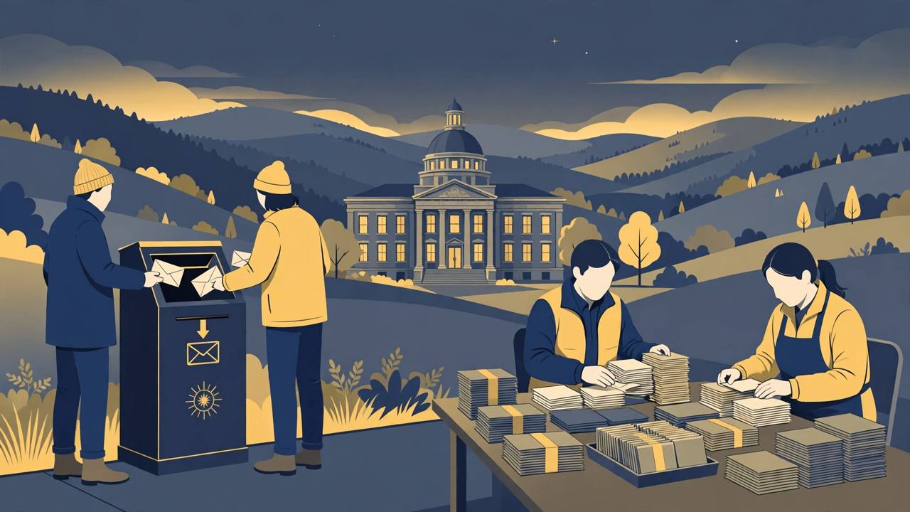 Editorial illustration of voters dropping sealed mail-ballot envelopes into a Pennsylvania county drop box, with a courthouse and hills behind