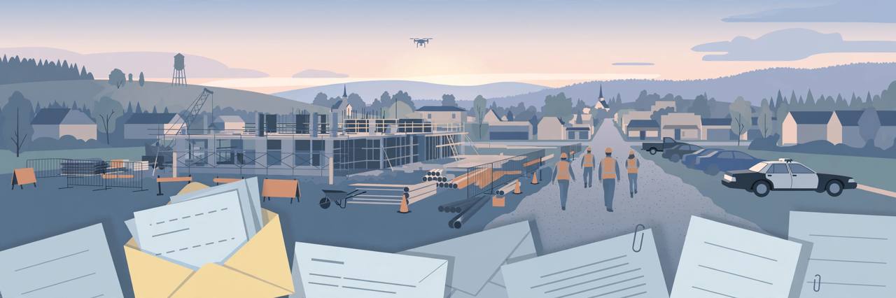 Editorial illustration of a hospital construction site at dawn with generic workers, a small drone silhouette and documents in the foreground, flat style, no real person depicted
