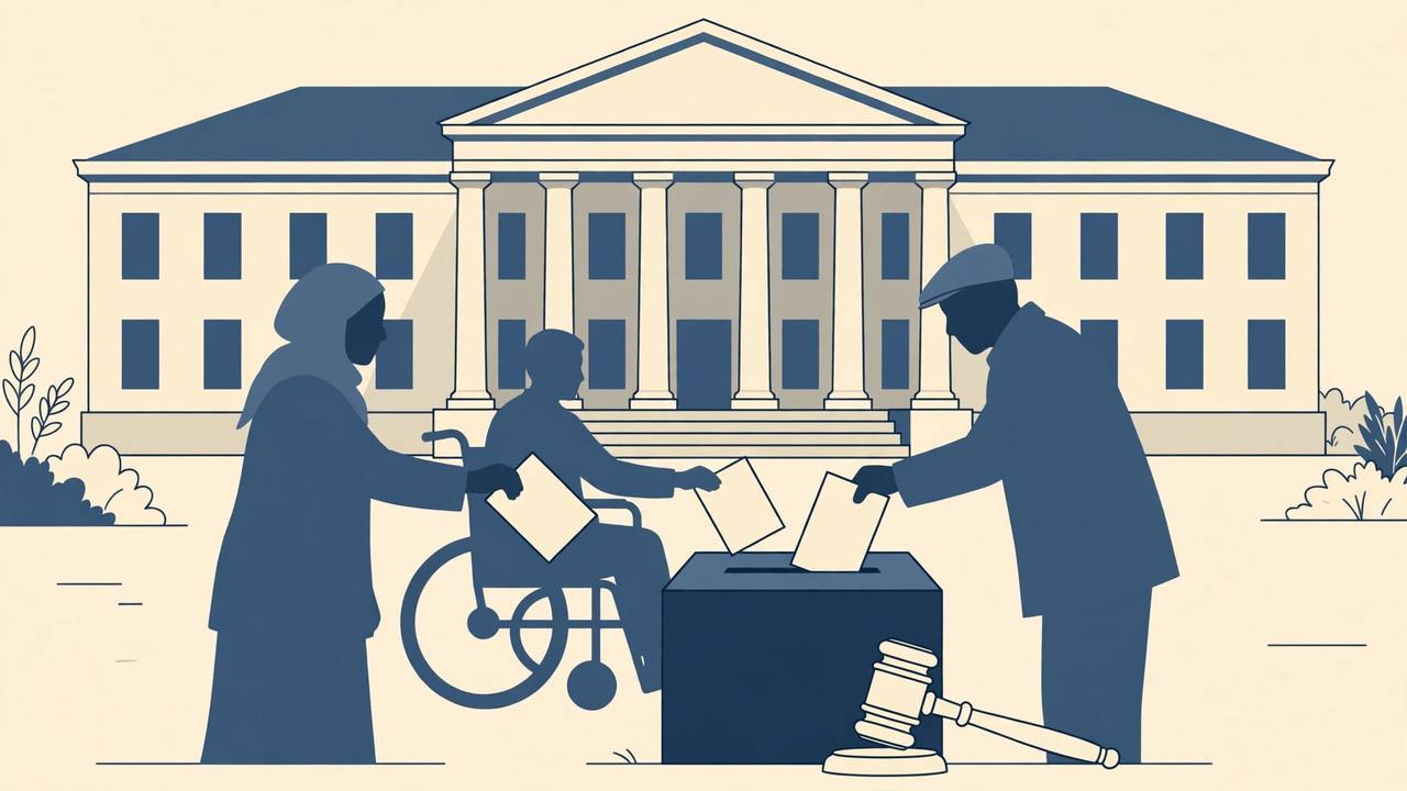 Editorial illustration of a courthouse, a ballot box, generic voters and a gavel, flat style, no real person depicted