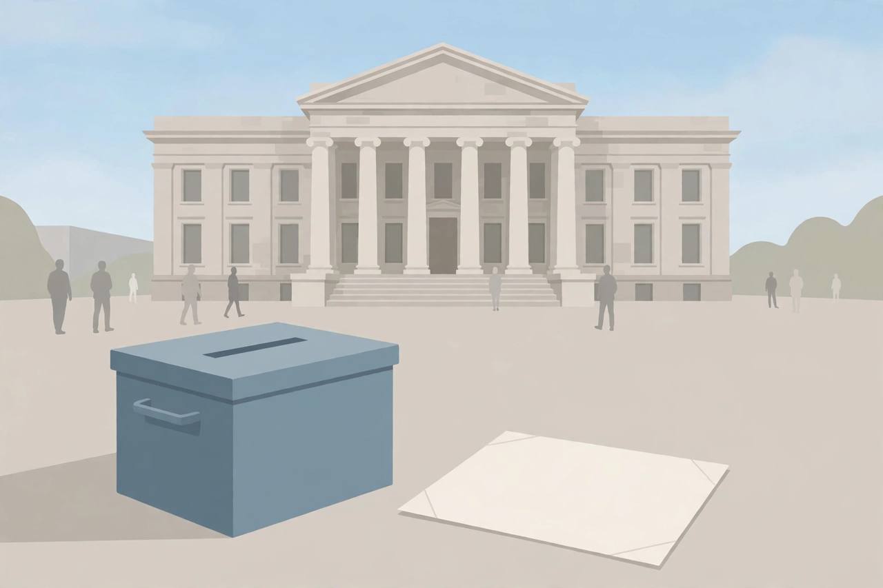 Editorial illustration of a generic ballot box and blank ballot in front of a generic courthouse with columns, flat style, no real person, no text
