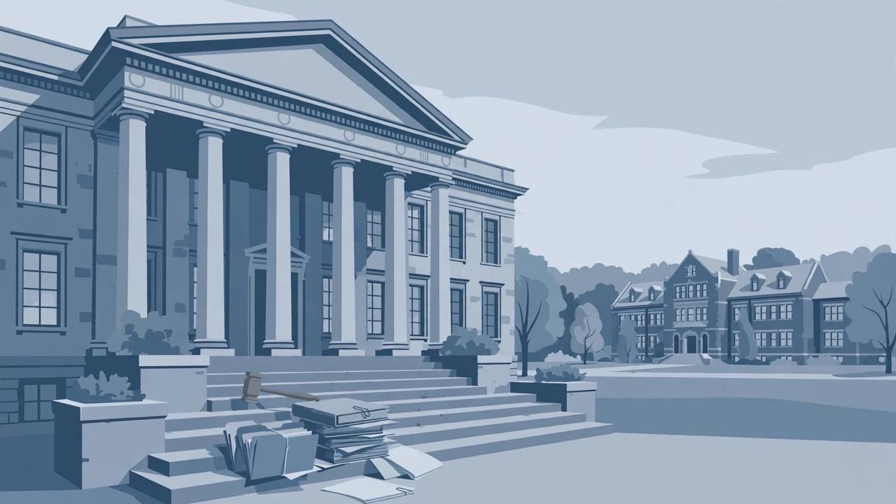 Editorial illustration of a generic Pennsylvania courthouse with columns, a gavel and case files, and a generic university campus building in the background