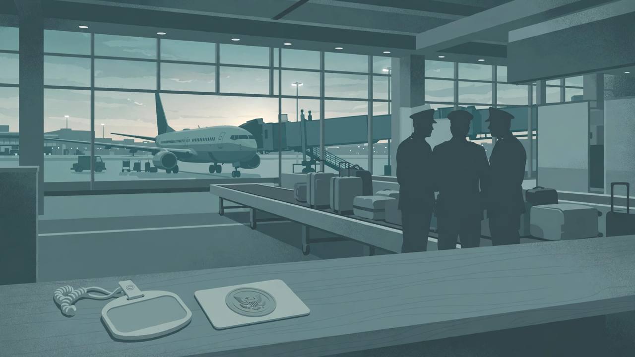 Editorial illustration of Philadelphia International Airport customs area with an employee badge and customs seal card on a counter and officers beside a luggage belt