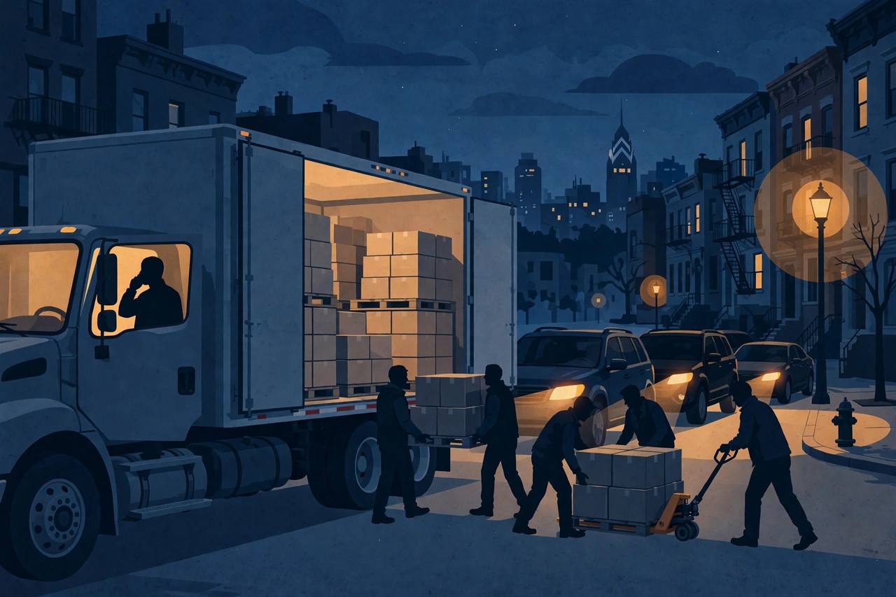 Editorial illustration of a parked semi trailer at night with pallets being loaded into dark SUVs while the driver films from the cab