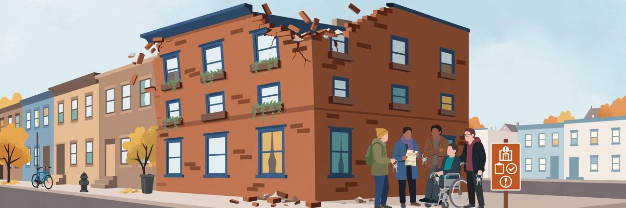 Editorial illustration of a brick apartment building in Philadelphia with tenants standing in front holding keys and a settlement document