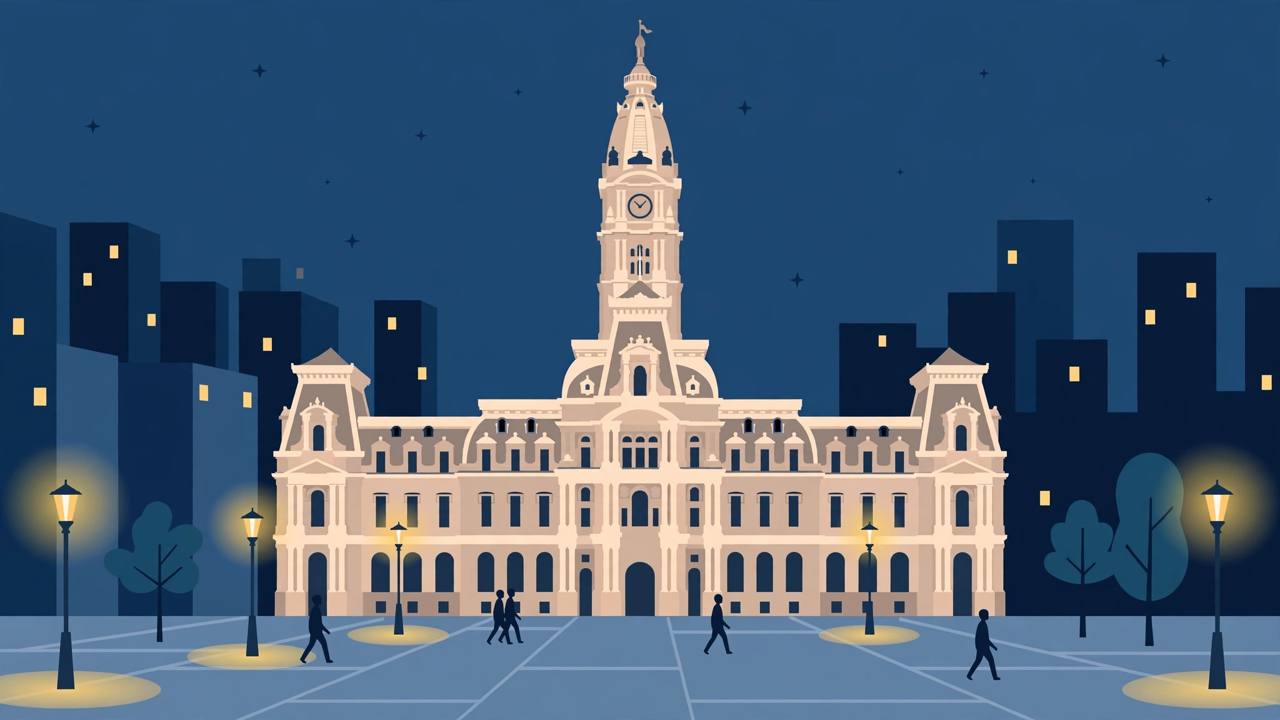 Editorial illustration of Philadelphia City Hall at night with street lamps and pedestrians on the plaza, flat style, no real person, no violence
