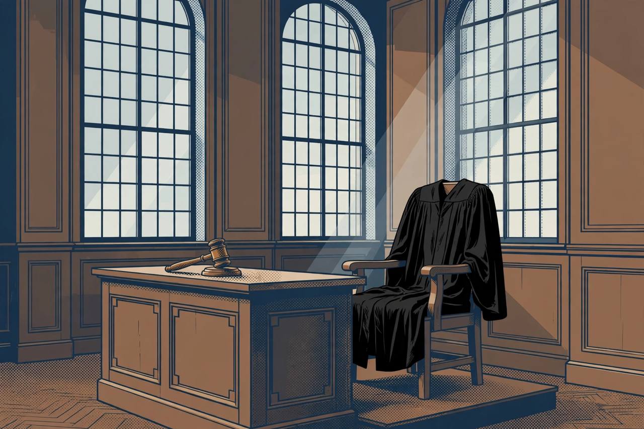 Editorial illustration of an empty judge's bench in a wood-panelled courtroom, with a gavel and an empty judicial robe draped over the chair