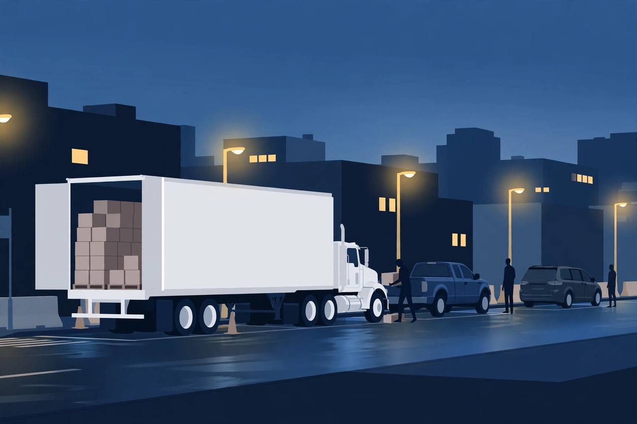 Editorial illustration of a tractor-trailer parked on a dark city street before dawn with boxes in its open trailer and a pickup nearby, flat style, generic silhouettes with no facial details
