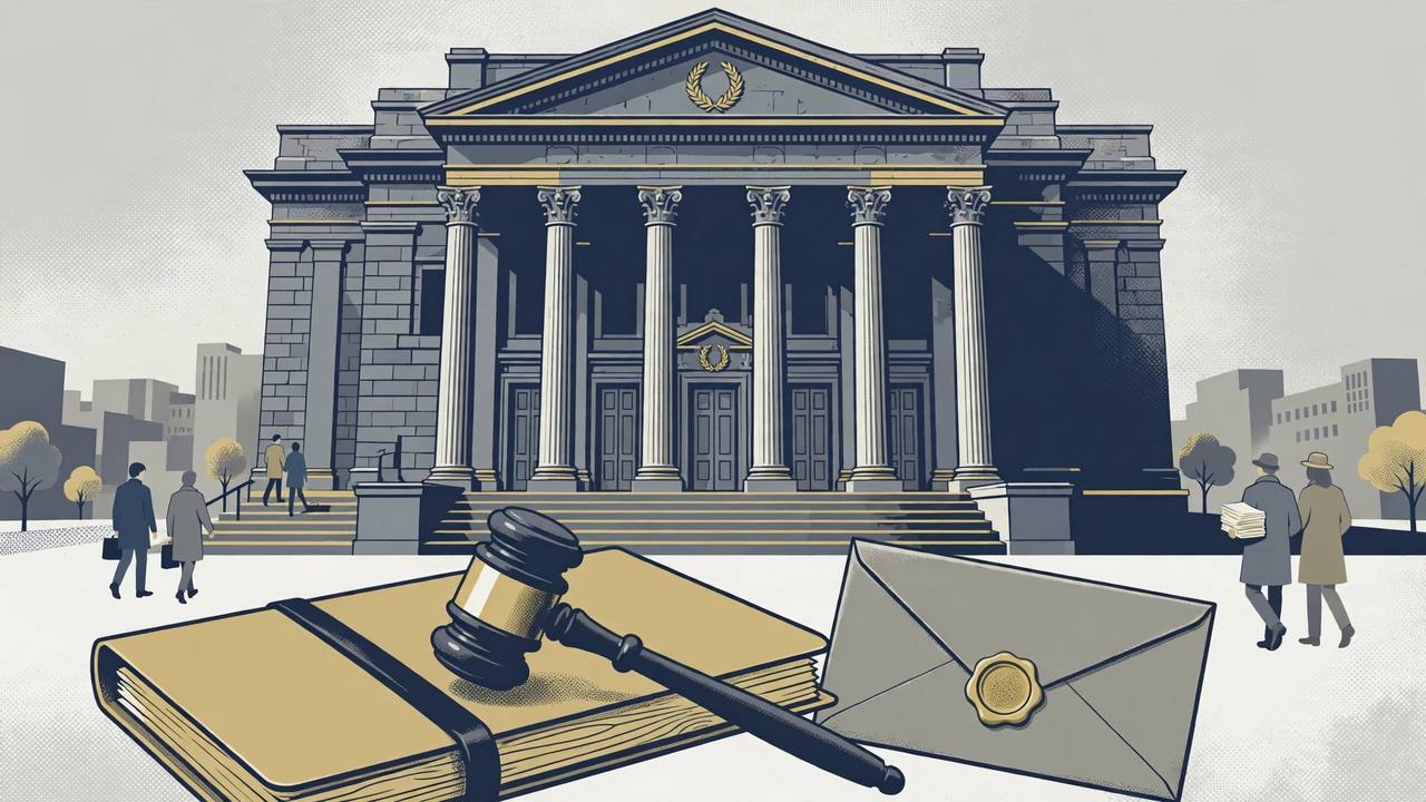 Editorial illustration of a federal courthouse with a gavel, legal file and sealed subpoena envelope
