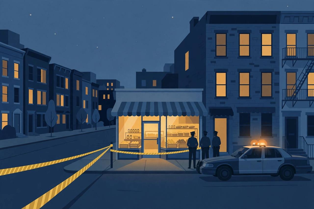 Editorial illustration of a Philadelphia deli storefront at night with a police car and police tape outside