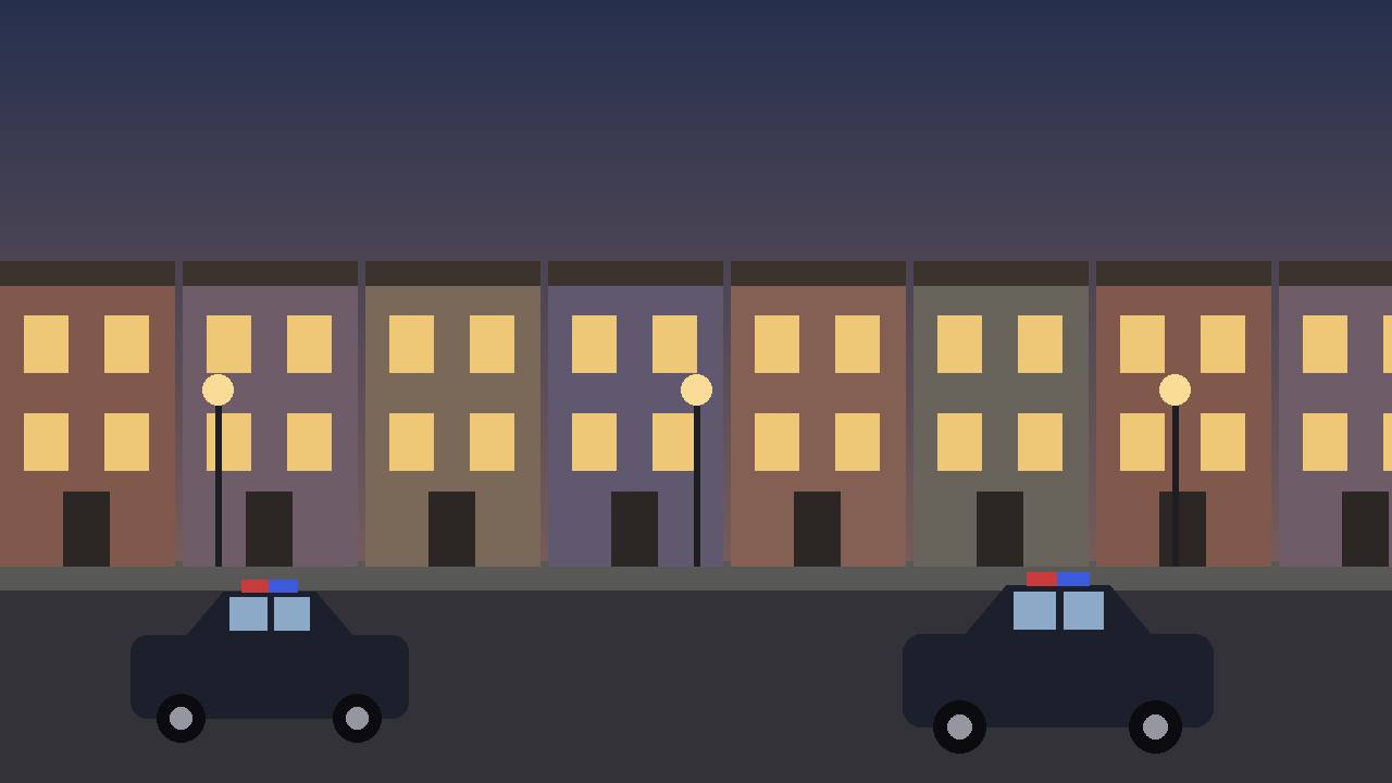 Editorial illustration of a West Philadelphia rowhouse street in the evening with distant patrol cars; the shooting itself is not depicted