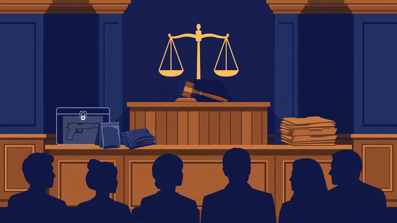 Editorial illustration of a federal courtroom with a judge's bench, gavel and scales of justice, sealed evidence bags and case files