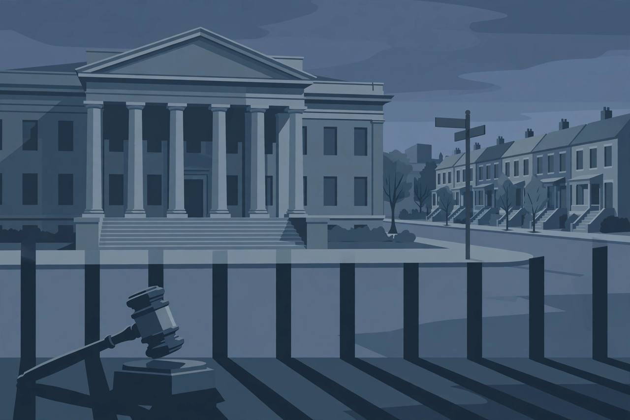 Editorial illustration of a Philadelphia federal courthouse at dusk with a gavel, prison bars in shadow and Northeast Philadelphia row houses