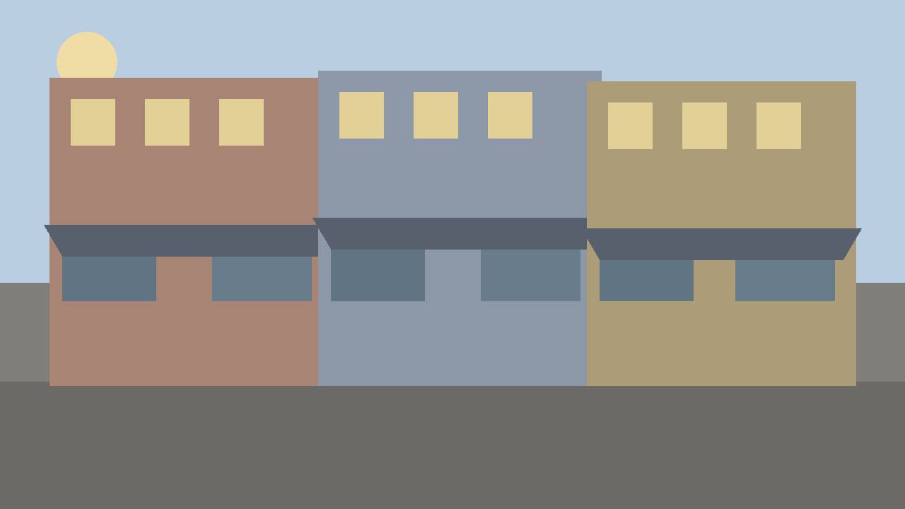 Editorial illustration of a generic city storefront row in daytime, flat style, empty street, no people, no incident, no text, no real place depicted