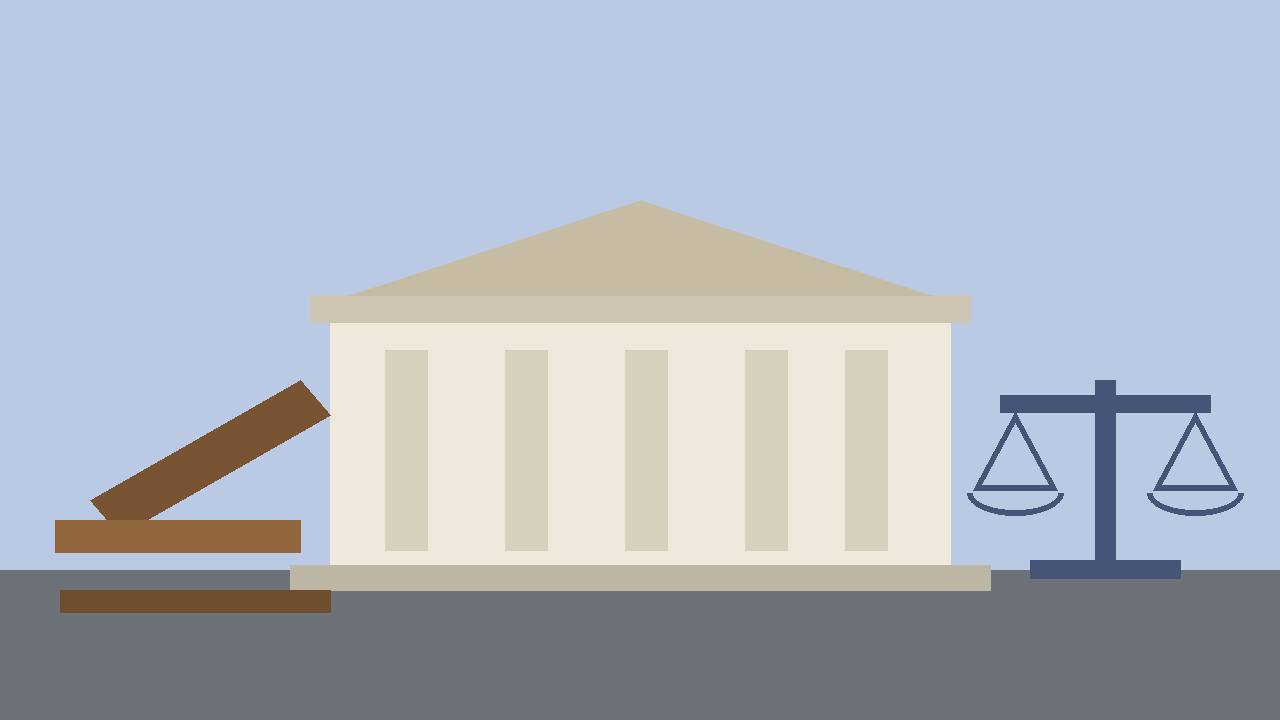 Editorial illustration of a generic federal courthouse with a gavel and a balance scale in the foreground, flat style, no real person or place depicted, no text