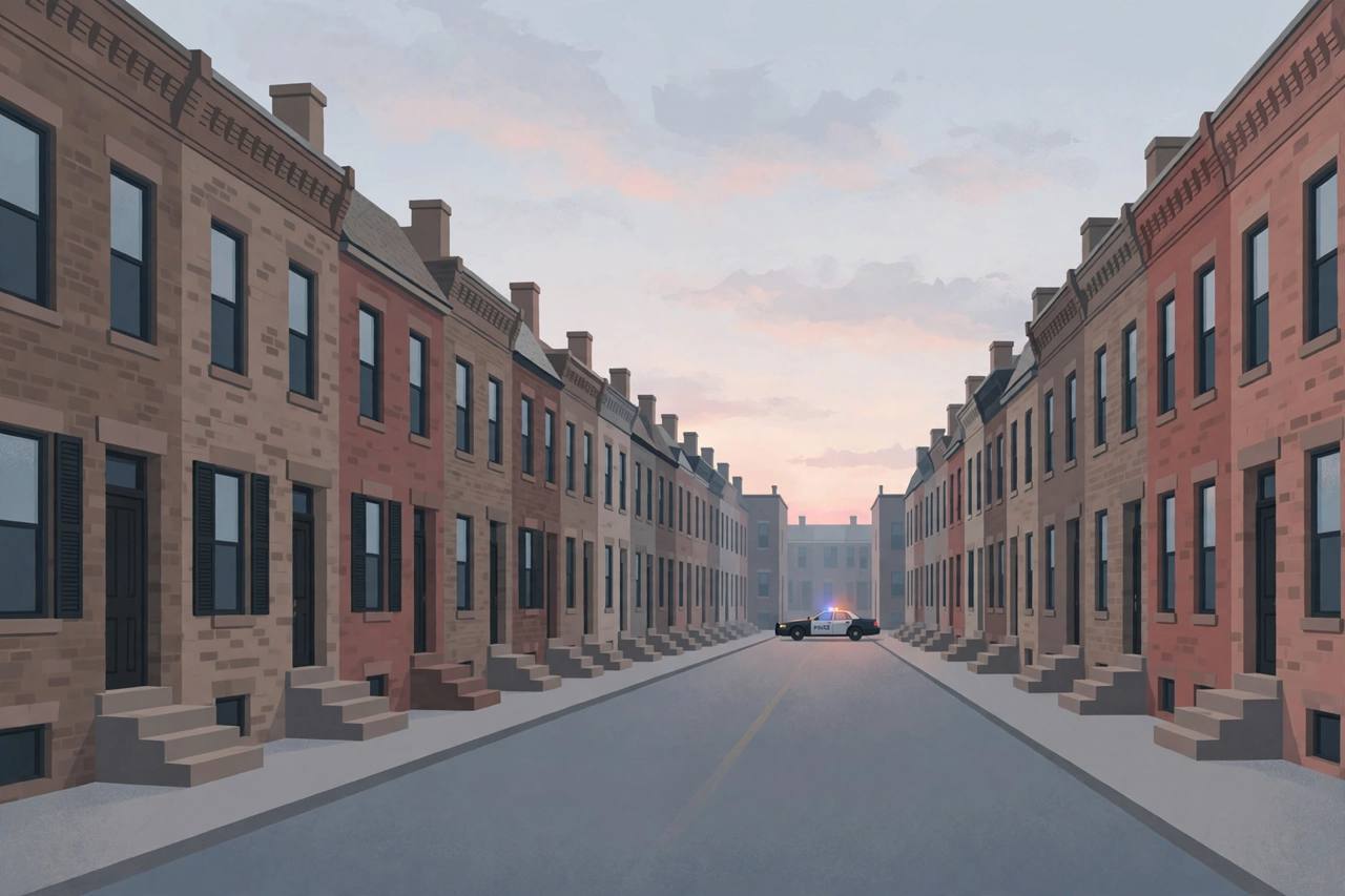 Editorial illustration of a quiet residential street in Philadelphia's Frankford neighbourhood at dawn with a police car at a distance; the shooting itself is not depicted
