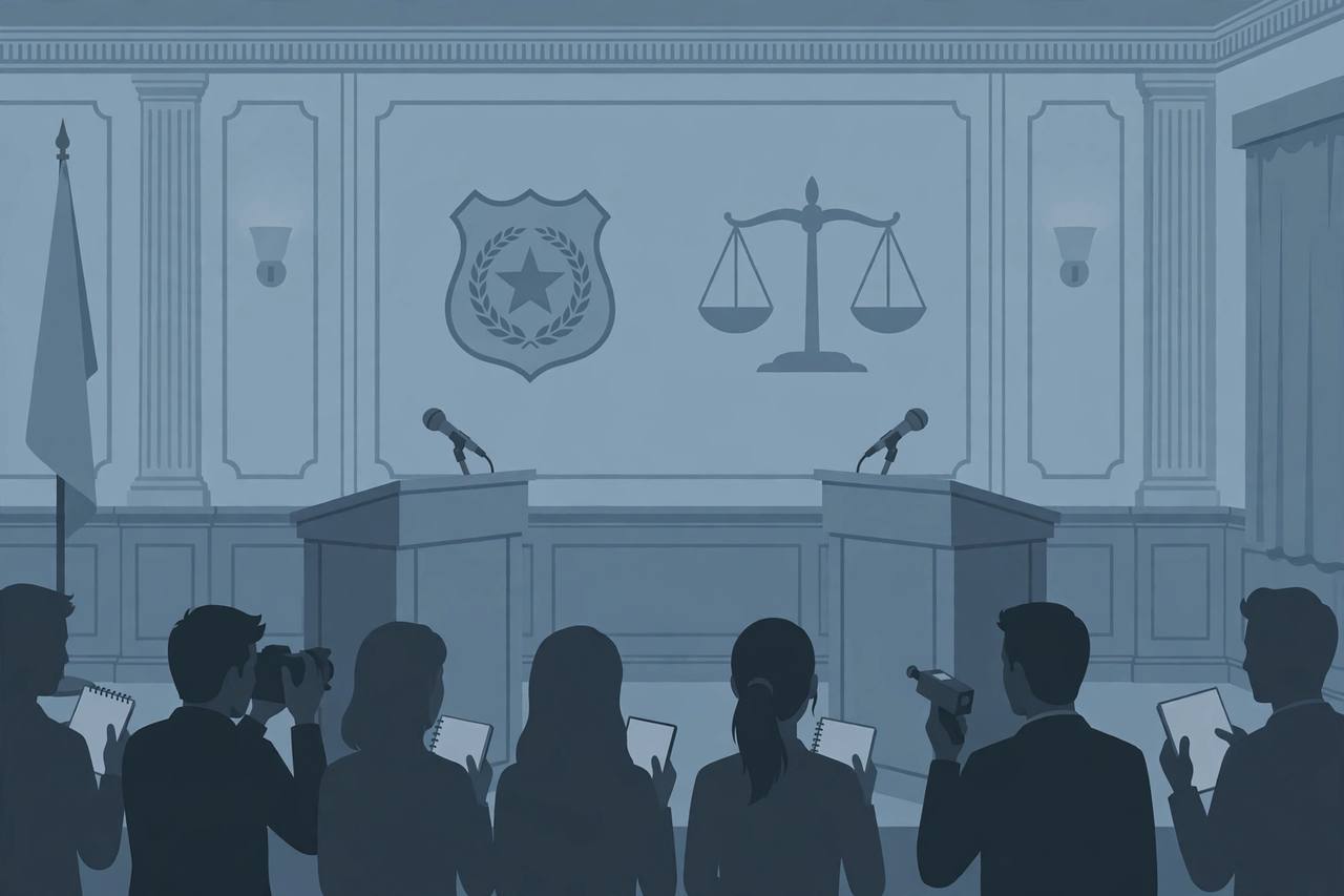 Editorial illustration of two empty podiums facing each other in a generic Philadelphia press room, flat style, no real person's face or likeness depicted