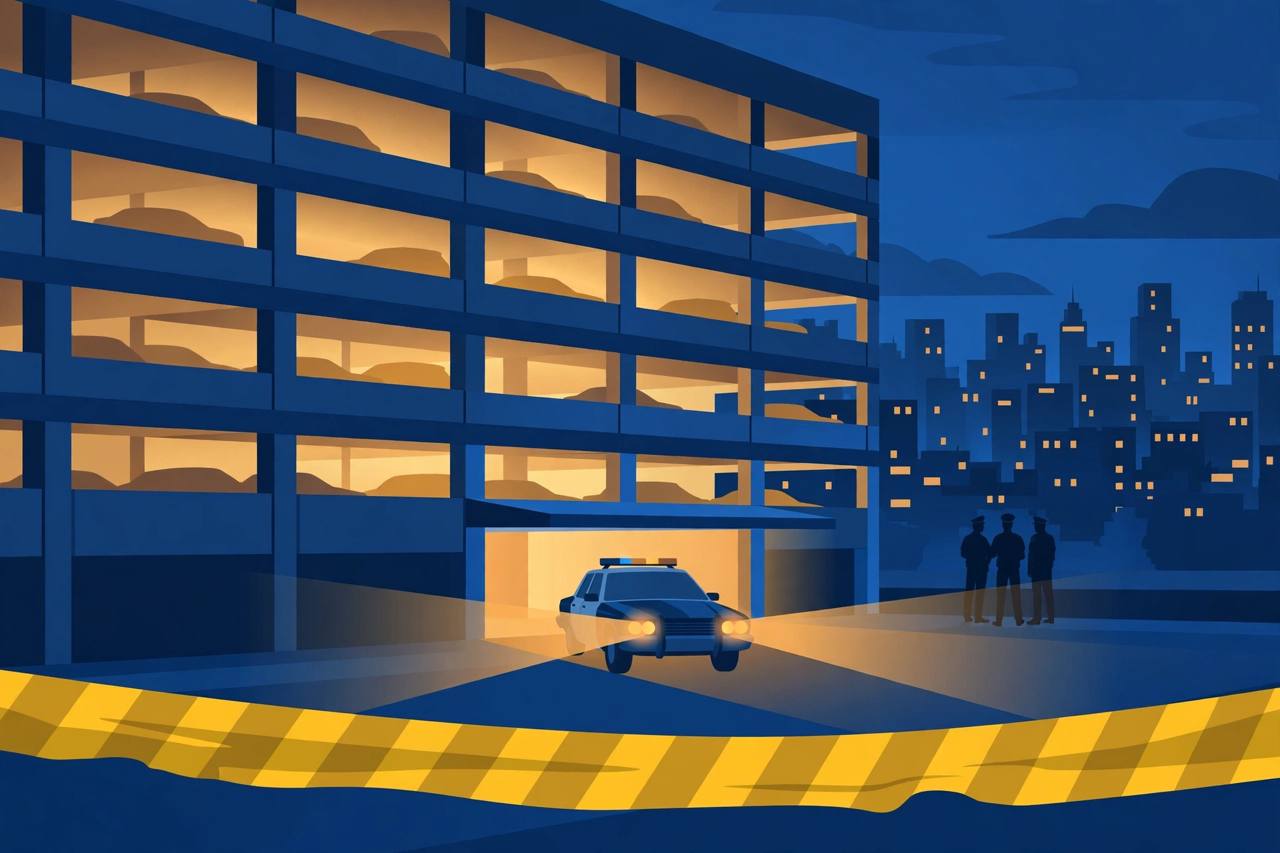 Editorial illustration of a generic parking garage at night with a generic police car and police tape, flat style, no real place, person or incident depicted