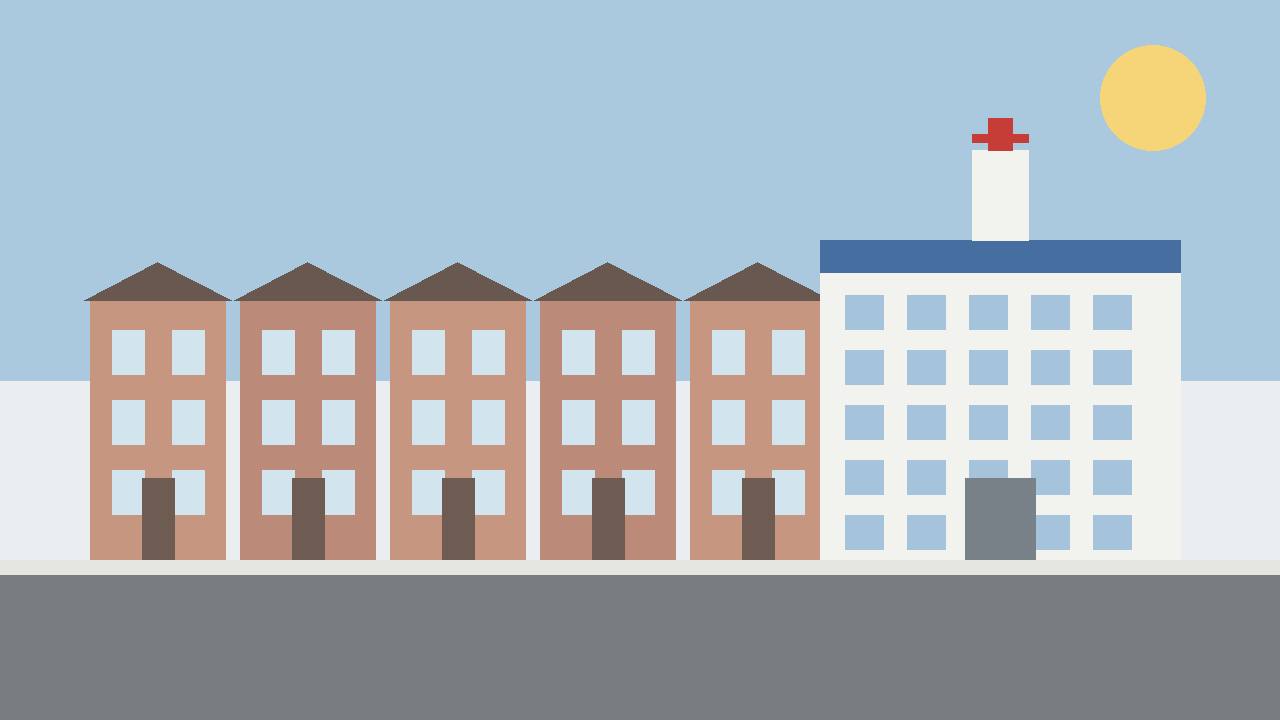 Editorial illustration of a generic Philadelphia row-house street and a hospital building — no people and no shooting depicted