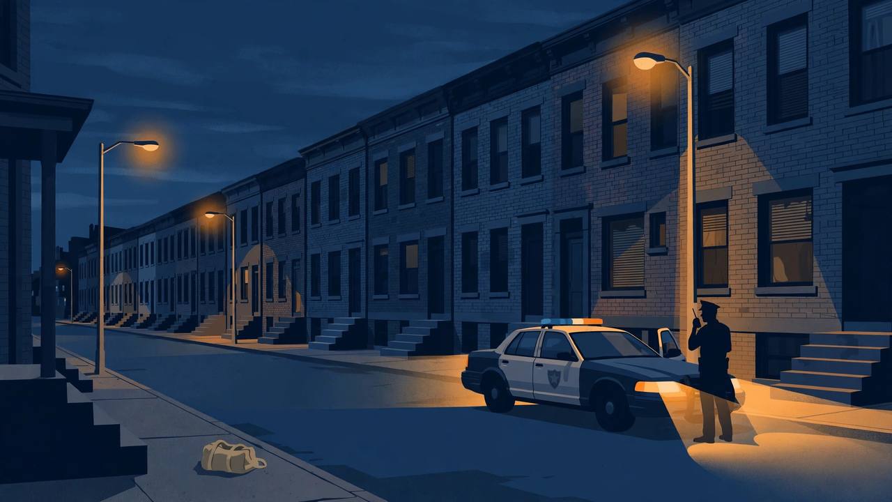 Editorial illustration of a dark North Philadelphia rowhouse street before dawn with a patrol car at the curb and an empty bag on the sidewalk; generic figures only, no real person's face, no weapon or violence depicted
