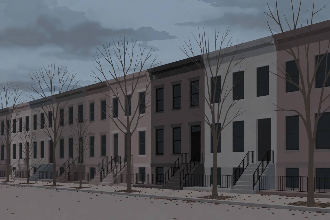 Editorial illustration of a quiet Philadelphia brick rowhouse street at dusk with bare autumn trees and no people, flat style, no real building depicted