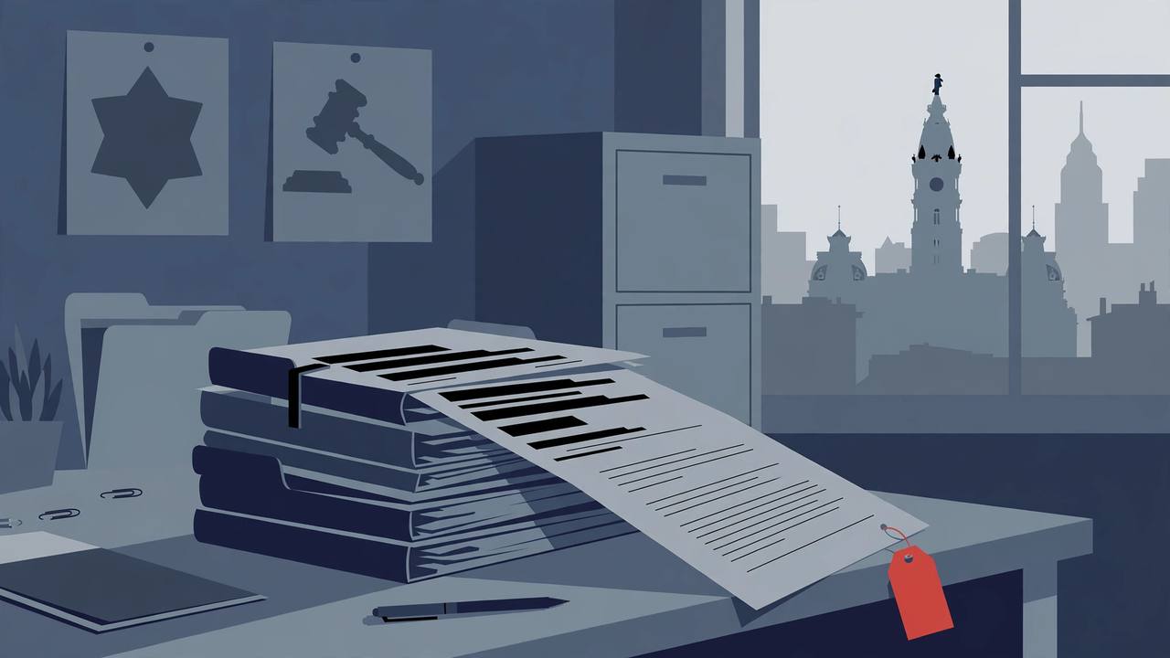 Editorial illustration of confidential case files with a price tag on an oversight office desk in Philadelphia