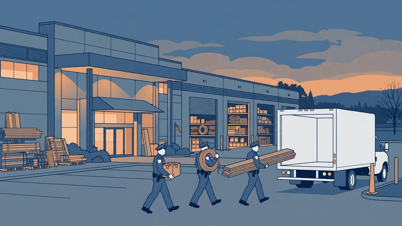 Editorial illustration of police officers carrying sealed evidence boxes and rolls of electrical wire from a home-improvement warehouse toward a box truck in Pennsylvania