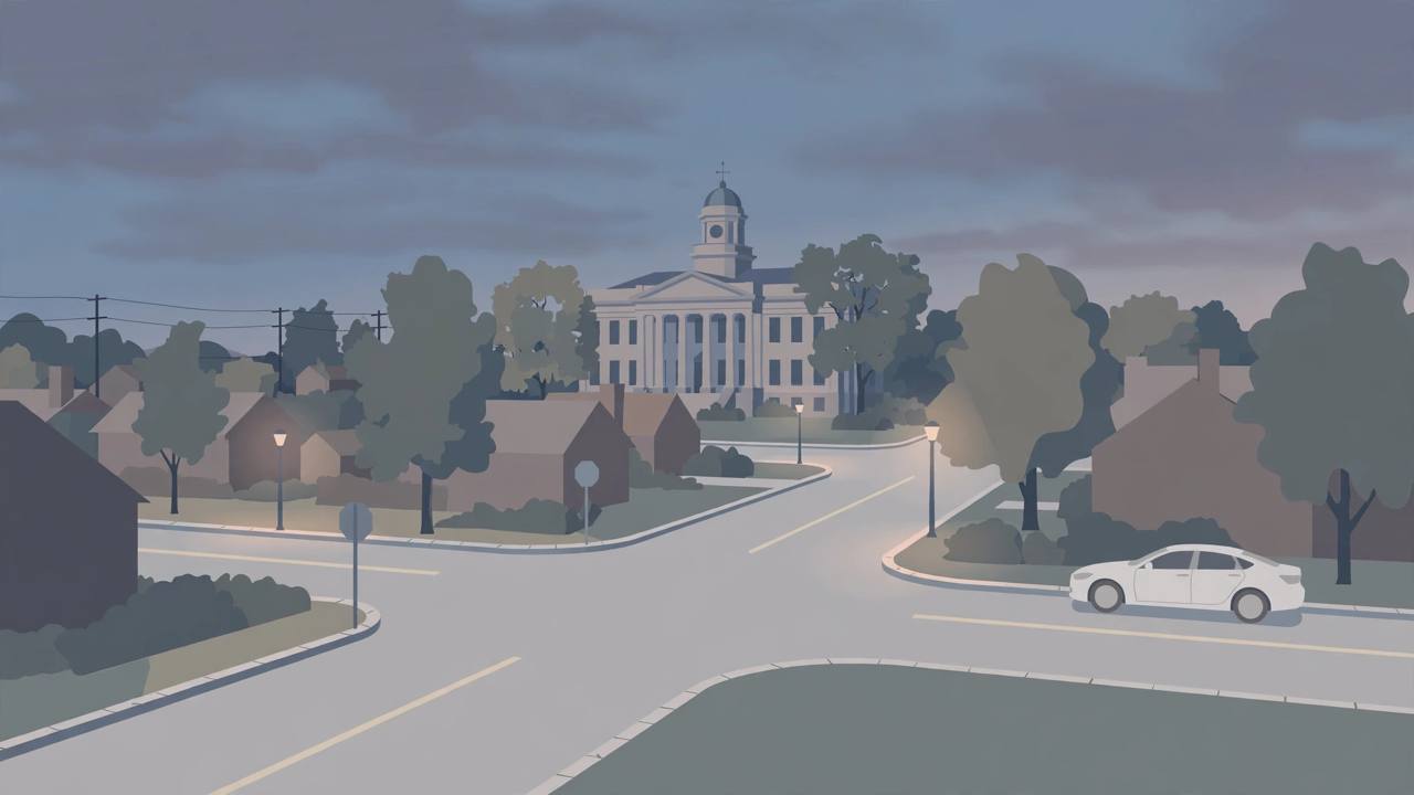 Editorial illustration of a quiet suburban Pennsylvania intersection at dusk with a courthouse in the background and a parked white sedan, flat style, no text, no people, no crash depicted