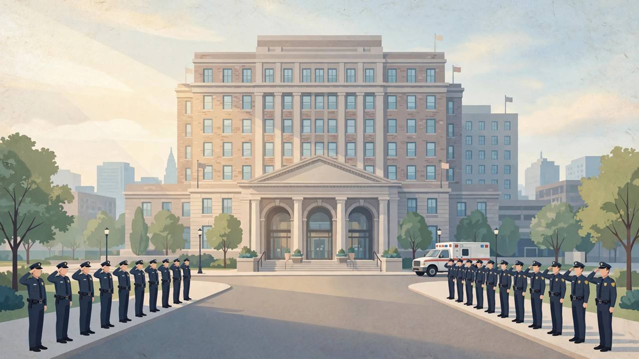 Editorial illustration of a Philadelphia hospital entrance with officers in salute formation and an ambulance, flat style, generic figures only, no real person depicted