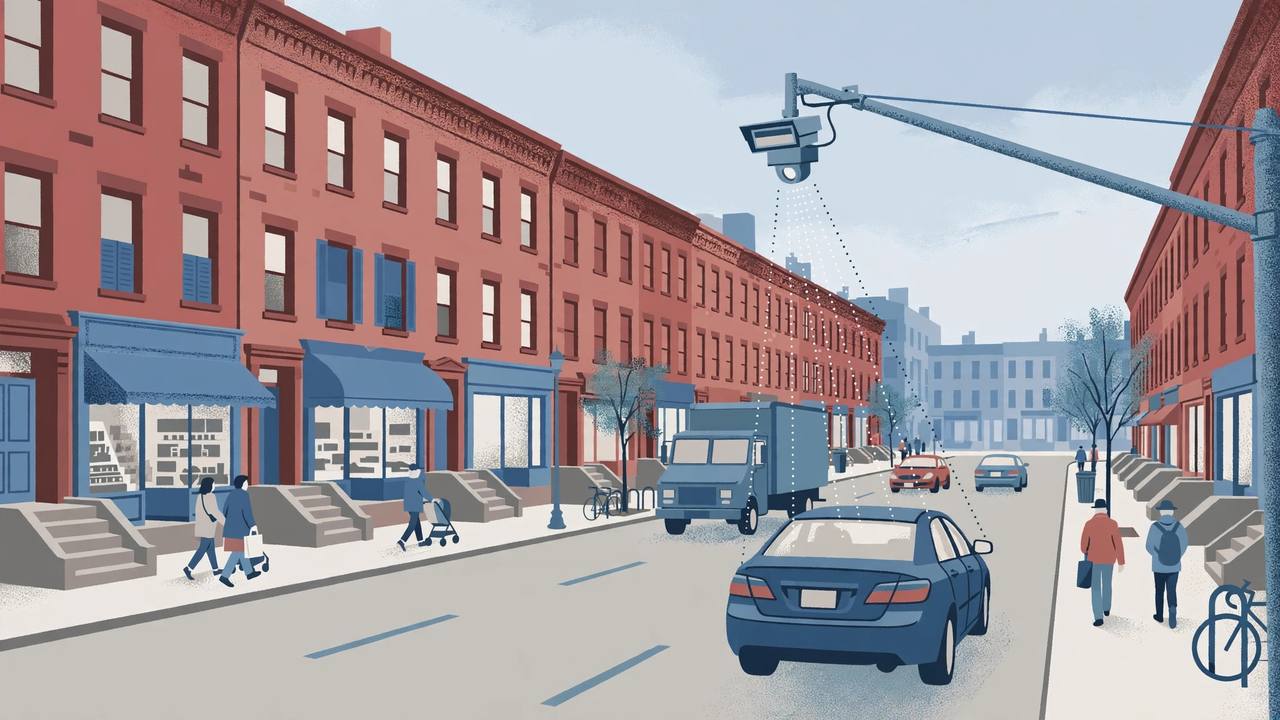 Editorial illustration of a speed enforcement camera on a pole photographing the rear of a car on a Philadelphia avenue lined with brick rowhouses and storefronts, with a delivery truck and pedestrians nearby