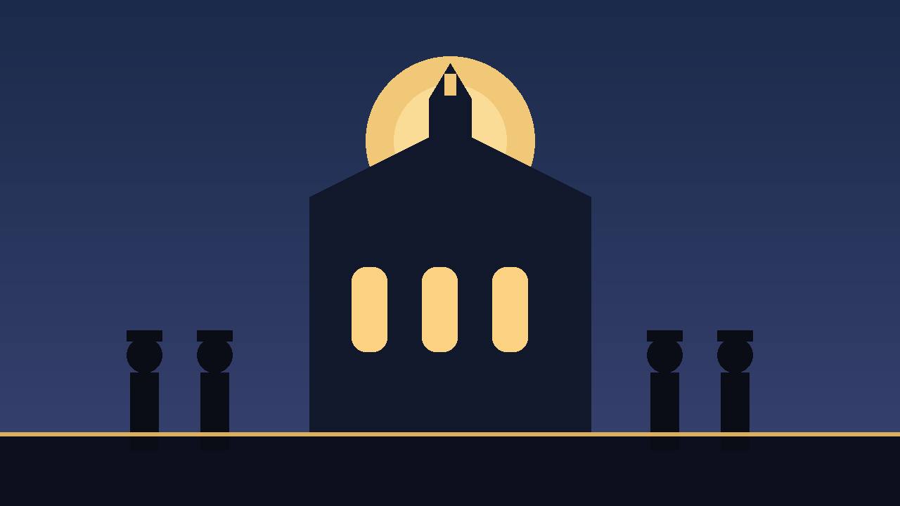 Editorial illustration of a cathedral silhouette at dusk with generic honor-guard figures, flat style, no real person depicted