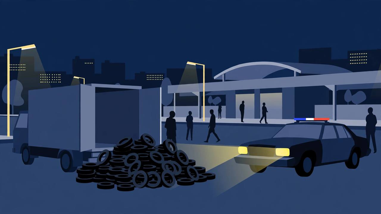 Editorial illustration of a box truck beside a large pile of black tires in a train station parking lot at night, with a police car shining its headlights on the pile