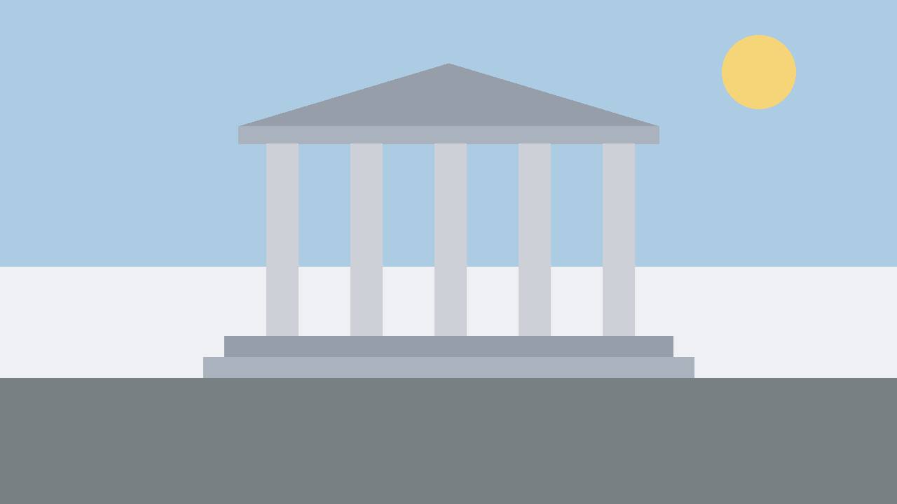 Editorial illustration of a generic courthouse building, flat style, no people, no text, no real person or place depicted