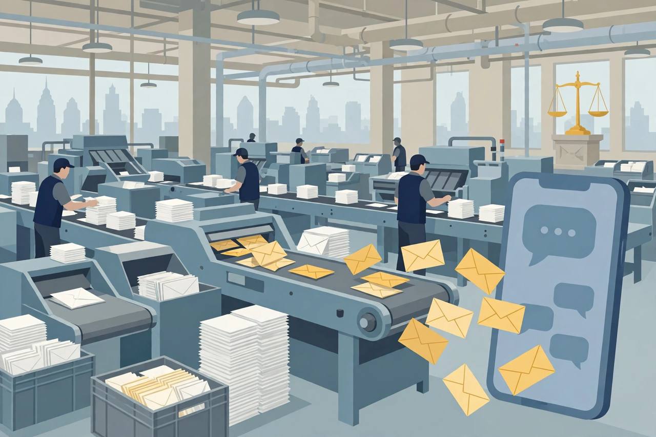 Editorial illustration of a Philadelphia postal sorting centre with envelopes on conveyor belts and a large smartphone showing a messaging app