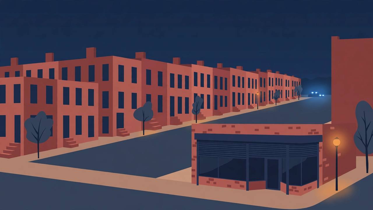 Editorial illustration of a quiet West Philadelphia street of brick rowhouses at pre-dawn, with a closed corner storefront and a distant police light glow; no people and no incident depicted